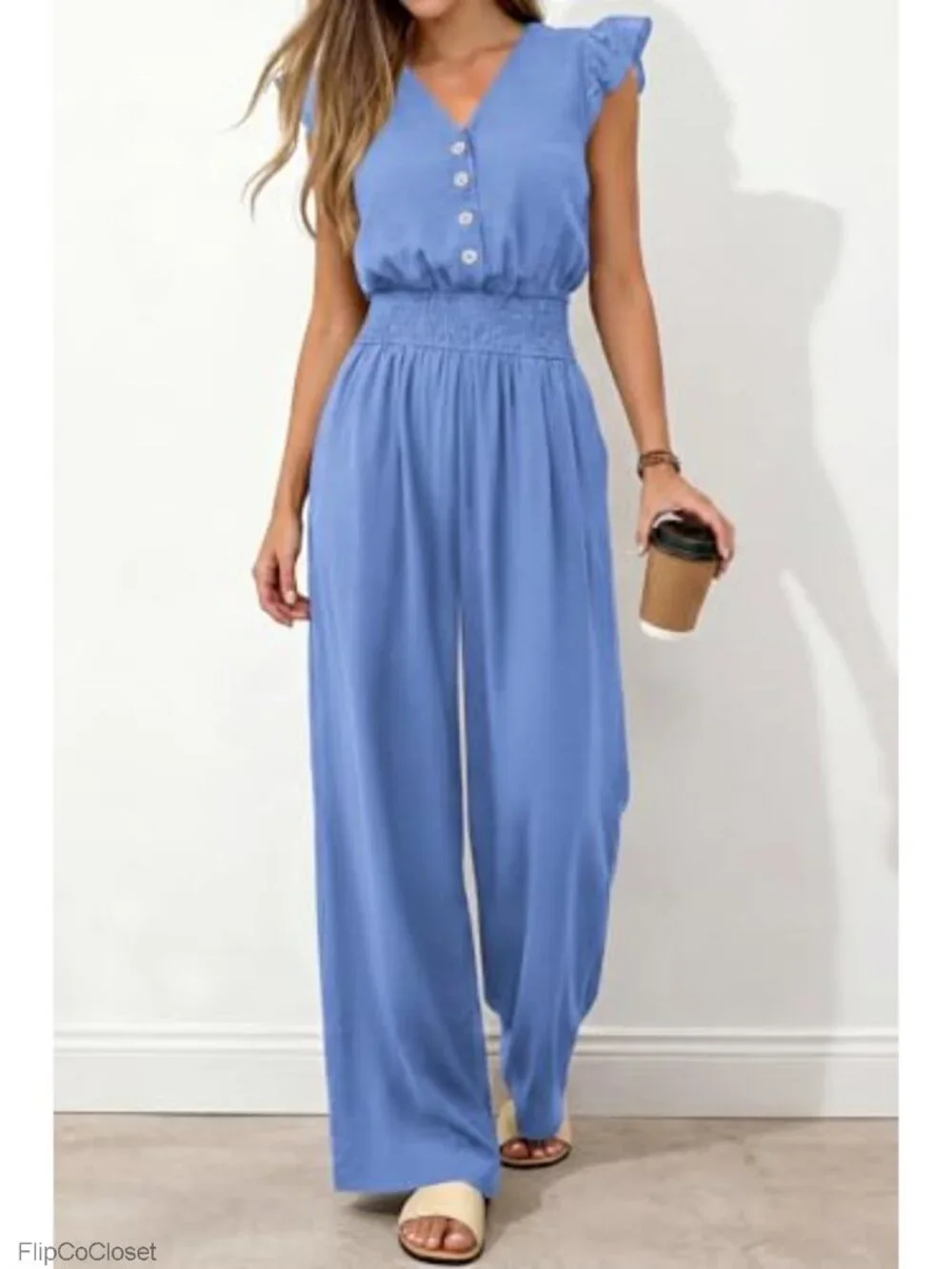 Womens Ruffle Cap Sleeve V Neck Button Smocked Wide Leg Jumpsuit Romper